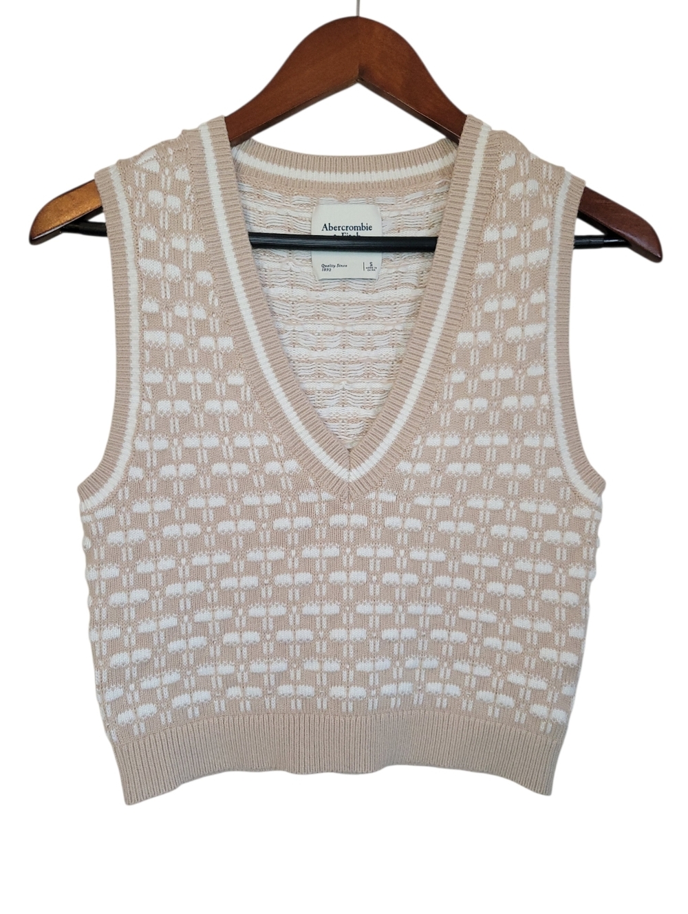 Abercrombie & Fitch Beige White Cropped Sweater Vest V-Neck Knit Academia Small - Picture 2 of 7